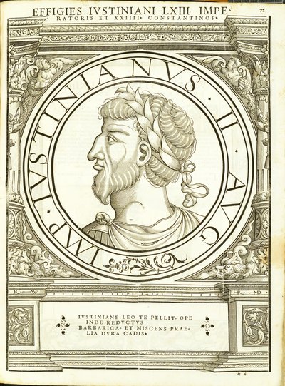 Iustinianus II, Illustration aus Imperatorum romanorum omnium orientalium et occidentalium verissimae imagines ex antiquis numismatis, Holzschnitt von Rudolph Wyssenbach, gedruckt von Andreas Gesner, Zürich von Hans Rudolf Manuel Deutsch